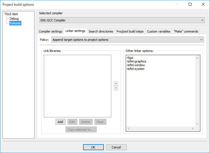 CodeBlocks Linker Settings