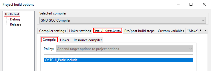 CodeBlocks Compiler search directory